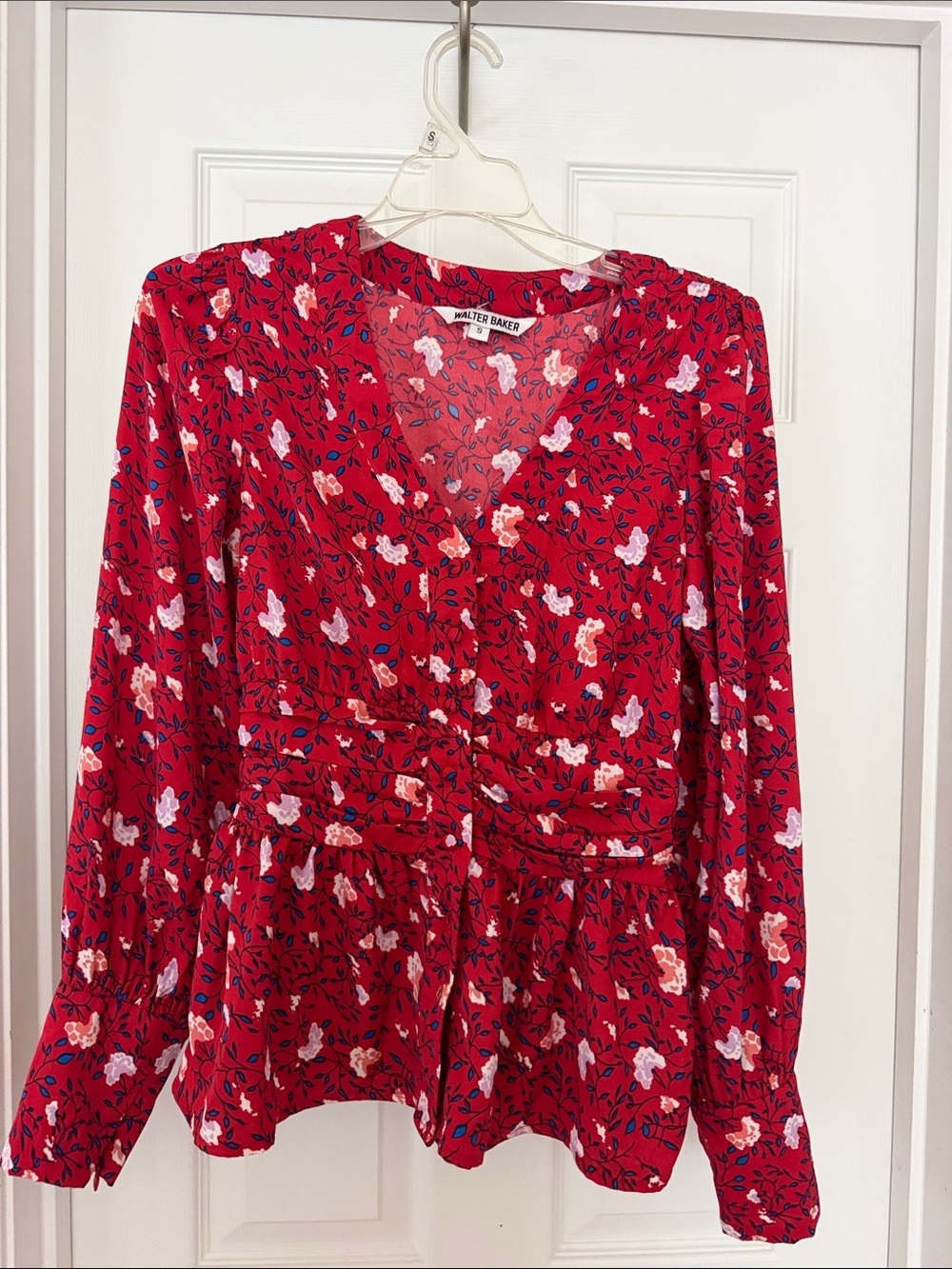 Walter Baker Red Floral Button-Front Peplum Blouse